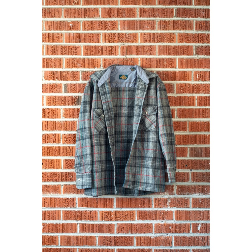 Vintage Monterey Shirts Wool Blend Plaid Flannel Shirt Jacket Grey Red Large